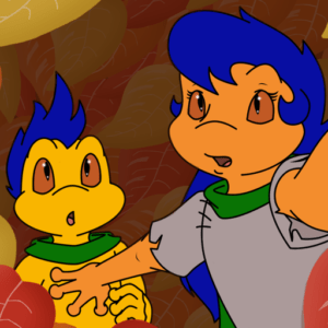Visual novel characters, Spindle Shank and his mother, Frey, look toward the audience cautiously.